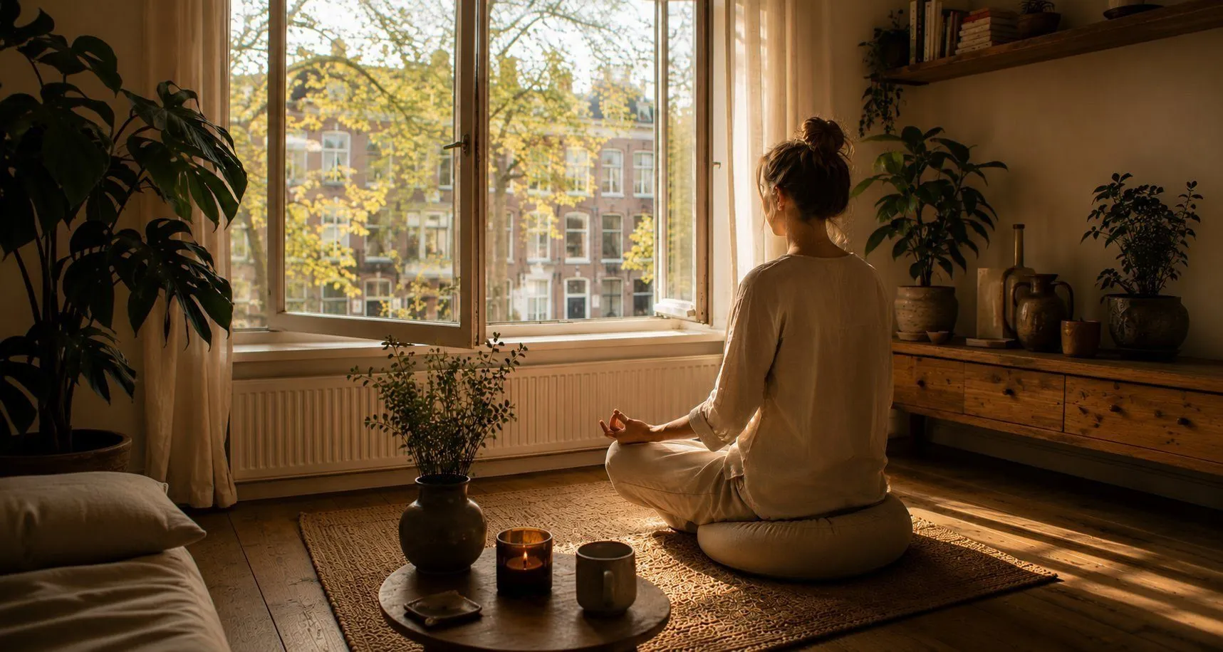 Vrouw mediteert in het ochtendlicht voor een open raam met zicht op grachtenpanden
